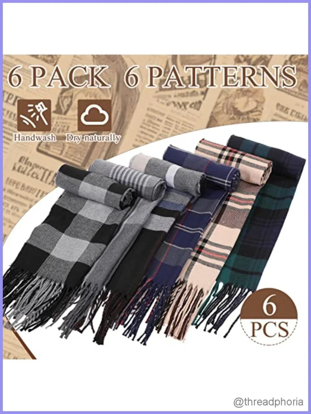 6 Pack Plaid Winter Scarves for Men & Women, Acrylic, Fringed, One Size